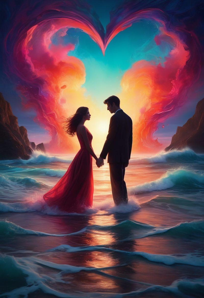 A surreal landscape depicting two intertwined figures surrounded by swirling waves of vibrant colors symbolizing passion. Ethereal light illuminates the scene, casting gentle shadows that suggest depth and intimacy. In the background, subtle hints of abstract hearts and locked hands merge with the waves, representing deep connections. The atmosphere is both dreamy and evocative, inviting viewers to delve into the essence of desire. vibrant colors. surrealism. ethereal lighting.