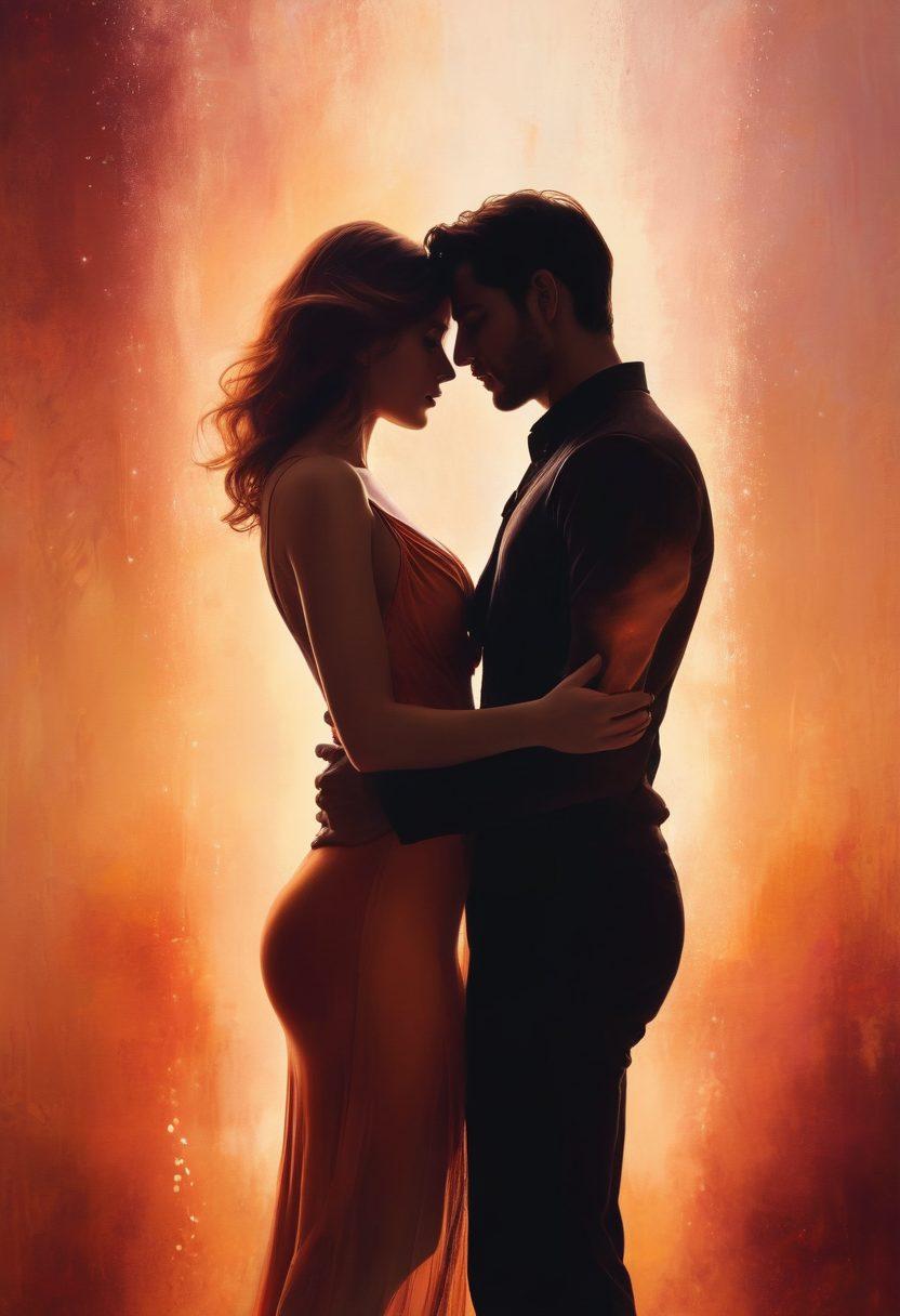 A captivating scene of two silhouettes in an intimate embrace, surrounded by a dreamy blend of warm, sensual colors. Subtle sparkles float in the air, representing chemistry and attraction, while a soft, blurred background hints at a romantic setting. The figures exude an aura of allure and connection, evoking the theme of seduction. painterly style. warm tones. ethereal ambiance.