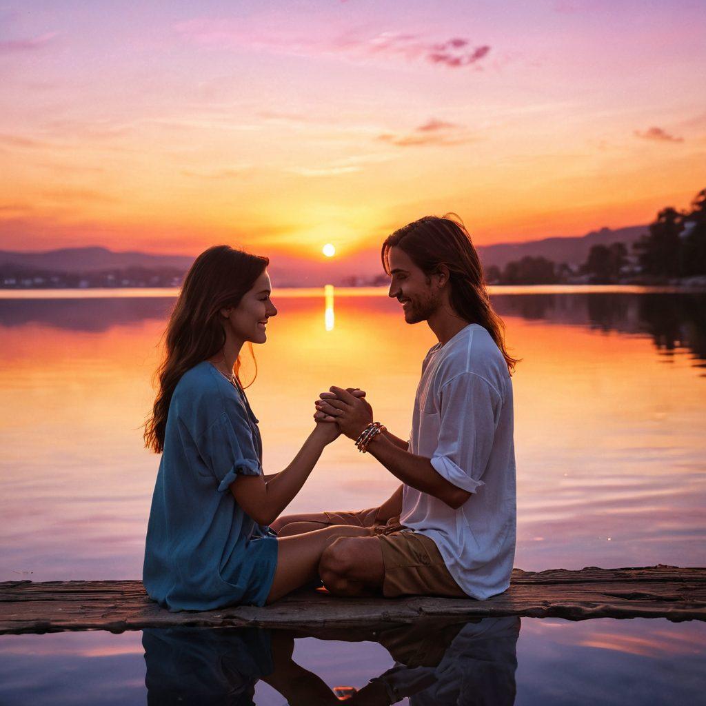 A heartfelt scene showcasing two friends gradually transitioning into lovers, surrounded by soft glowing lights that symbolize their growing affection. The background features a picturesque sunset over a serene lake, reflecting warm colors that evoke emotion and intimacy. Include subtle symbols of friendship, like intertwined bracelets and shared laughter, fading into romantic gestures like a gentle touch or a shared gaze. Emphasize the warmth of their connection and the journey from platonic to romantic love. super-realistic. warm colors. dreamy background.